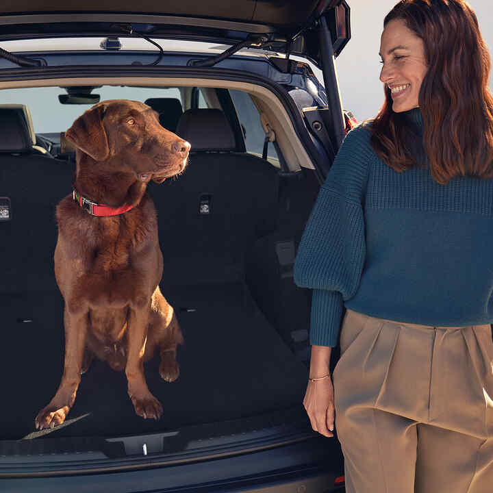 Honda CR-V Hybrid hátulról, a csomagtartóban egy modell és egy kutya ül.