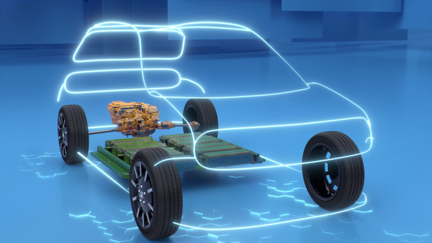 Egy elektromos aut&oacute; akkumul&aacute;tor&aacute;nak m&eacute;ret&eacute;t bemutat&oacute; első h&aacute;romnegyedes n&eacute;zet