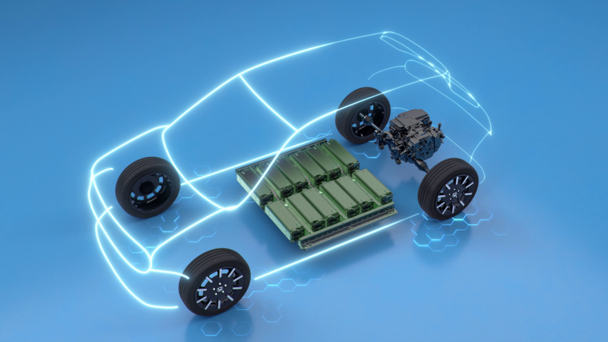 Egy elektromos autó akkumulátorának méretét bemutató felülről készített háromnegyedes nézet