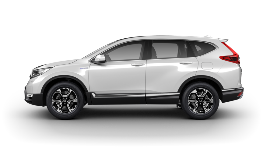 Platinum White Pearl fényezésű Honda CR-V hibrid oldalnézetben.