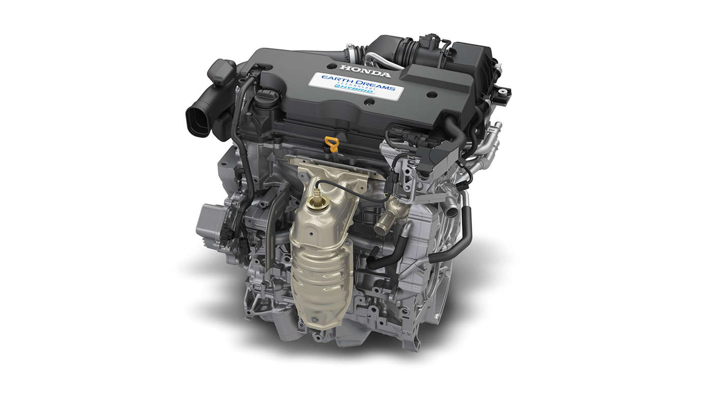 Közelkép a Honda Hybrid Atkinson-ciklusú VTEC motorjáról. 