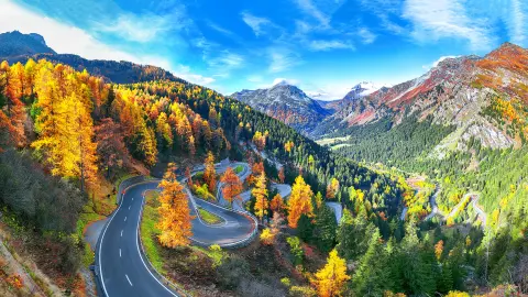 Lenyűgöző kilátás a Maloja-hágóra ősszel. Színekben gazdag őszi látkép a Svájci-Alpokban. Helyszín: Maloja-hágó, Engadin, Graubünden, Svájc, Európa