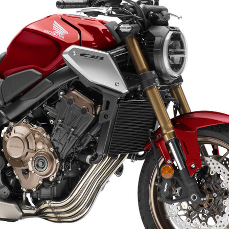 A CB650R Neo Sports Café jobb oldala, a motorra és az első kerékre fókuszálva, stúdiófelvétel